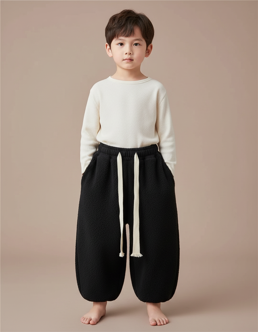 Pantalon Chinois Noir Polaire Ample Décontracté Garçon - Molleton