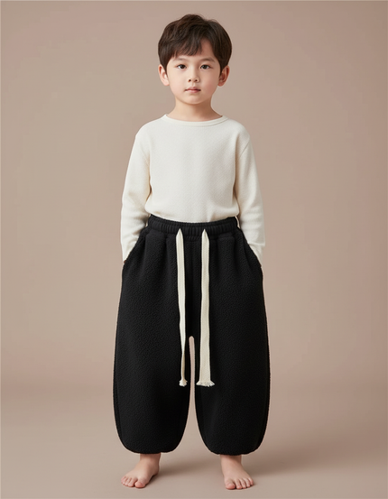 Pantalon Chinois Noir Polaire Ample Décontracté Garçon - Molleton