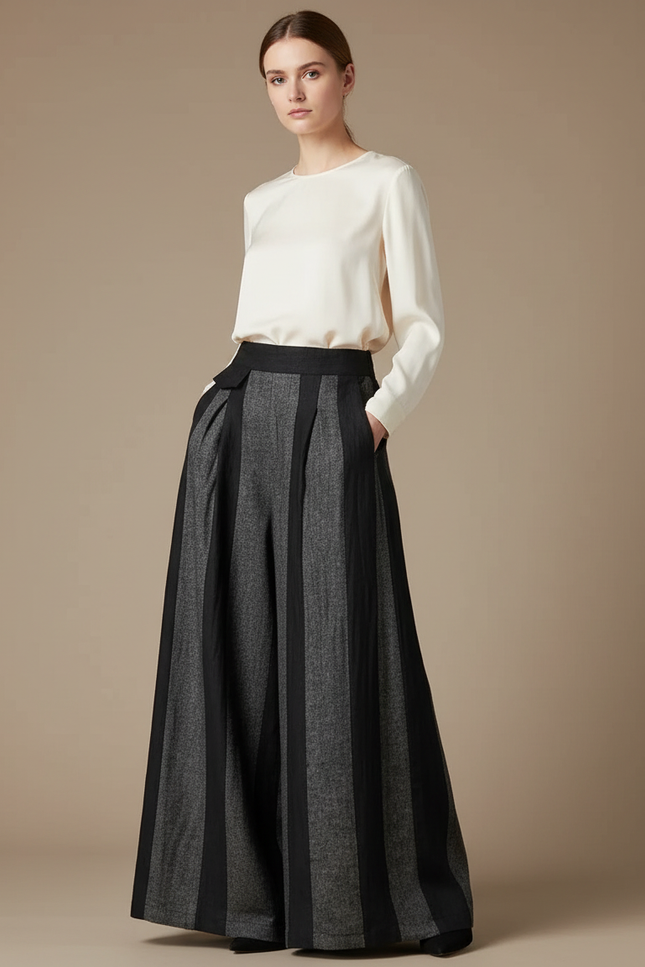 Pantalon Chinois Large Rayé Gris Noir Élégant - Multicolore Tweed