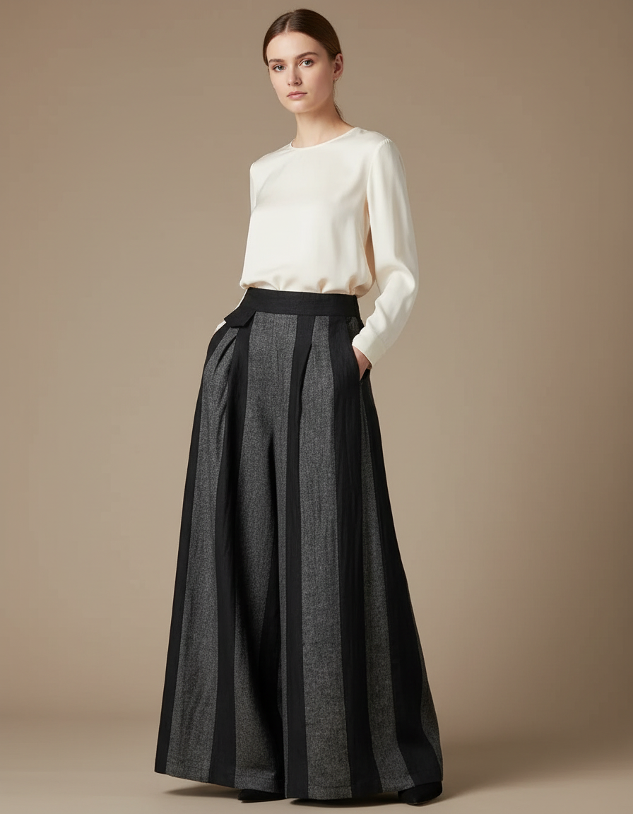 Pantalon Chinois Large Rayé Gris Noir Élégant - Multicolore Tweed