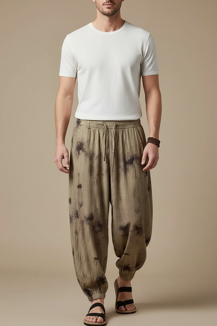 Pantalon Chinois Harem Tie-Dye Ample Lin Coton Homme - Kaki