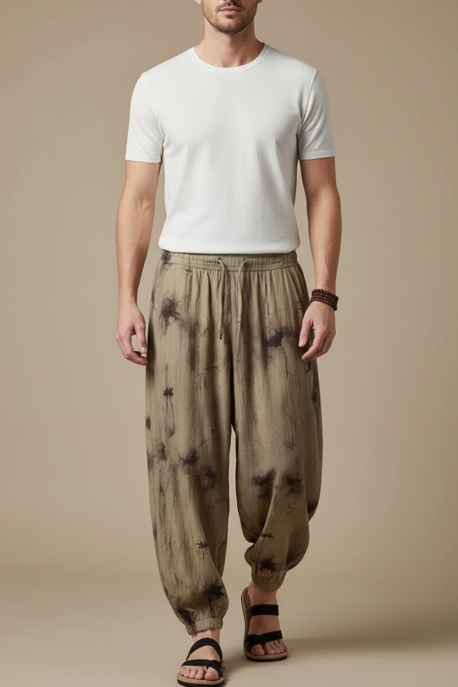 Pantalon Chinois Harem Tie-Dye Ample Lin Coton Homme - Kaki