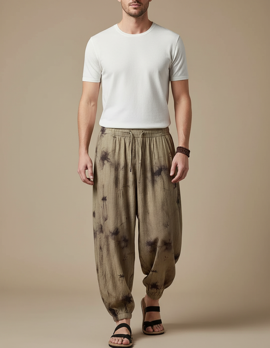 Pantalon Chinois Harem Tie-Dye Ample Lin Coton Homme - Kaki