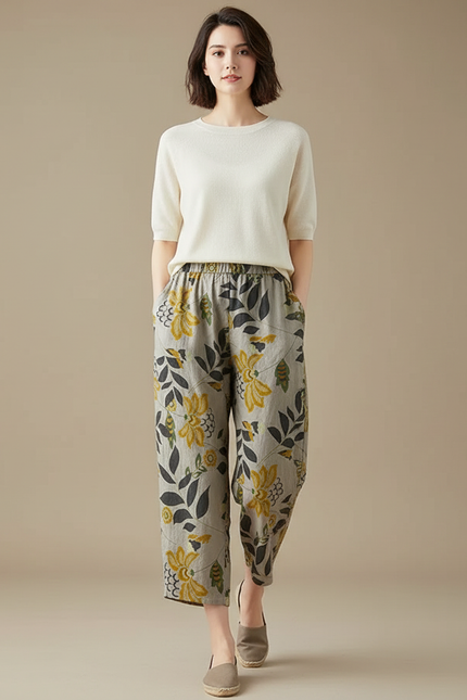 Pantalon Chinois Imprimé Floral Lin Coton Ample Estival
