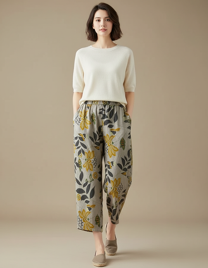 Pantalon Chinois Imprimé Floral Lin Coton Ample Estival