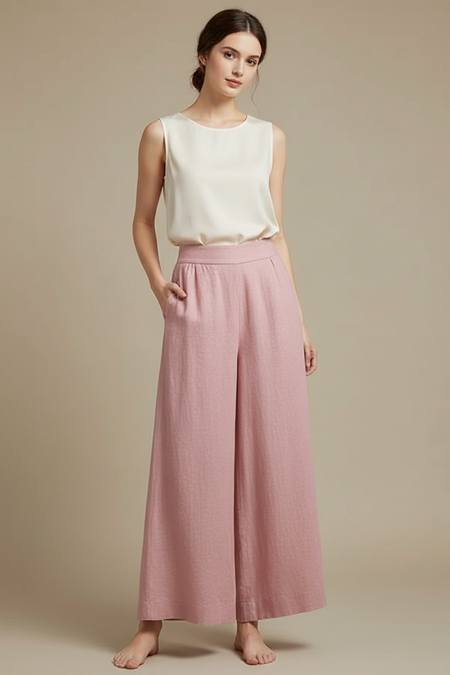 Pantalon Chinois Rose Ample Fluide Lin Femme
