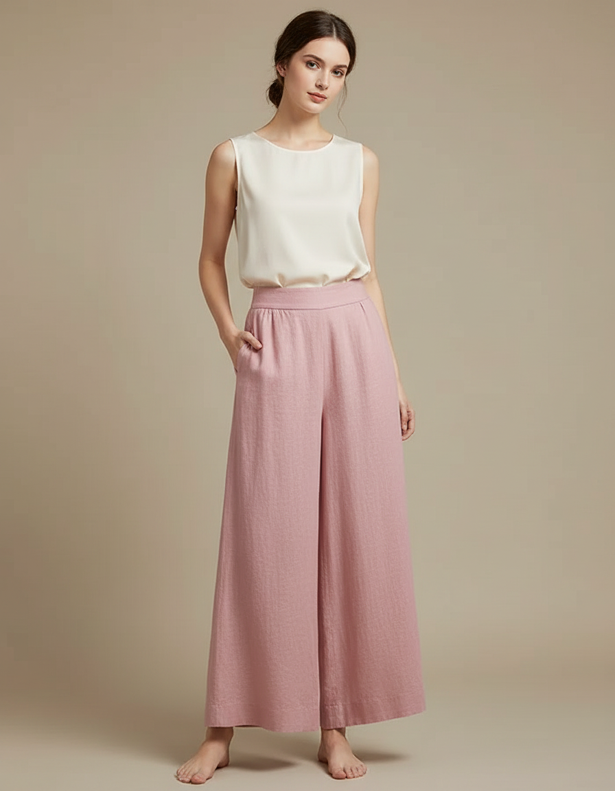 Pantalon Chinois Rose Ample Fluide Lin Femme