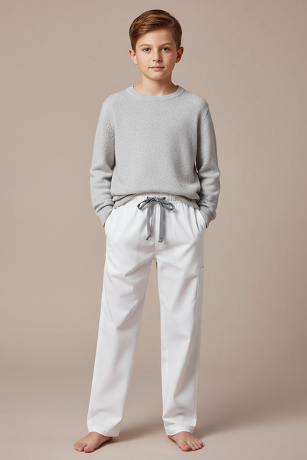 Pantalon Chinois Blanc Cordon Ample Décontracté Enfant - Gabardine