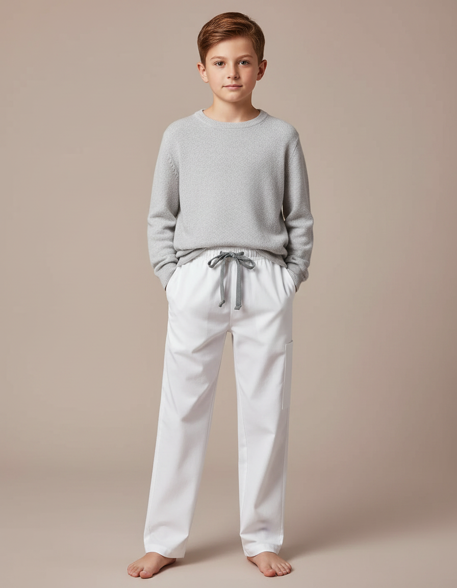 Pantalon Chinois Blanc Cordon Ample Décontracté Enfant - Gabardine