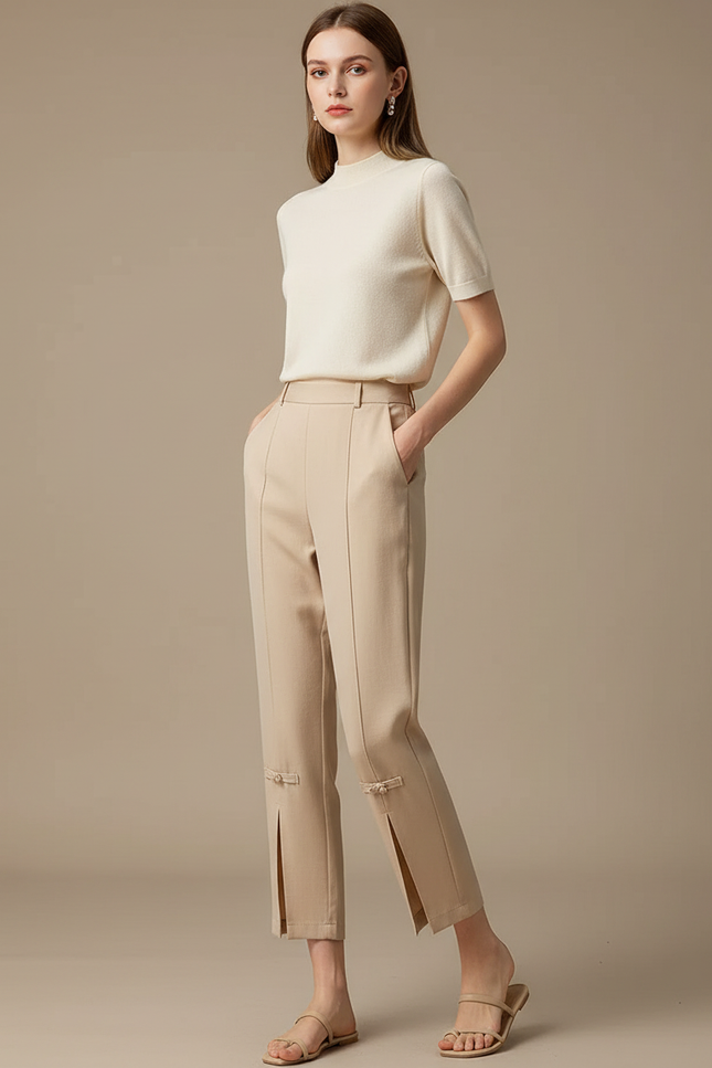 Pantalon Chinois Beige Coupe Droite Fendue Nœuds Femme - Gabardine