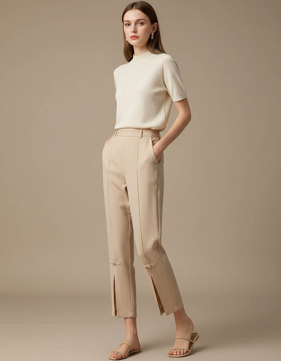 Pantalon Chinois Beige Coupe Droite Fendue Nœuds Femme - Gabardine