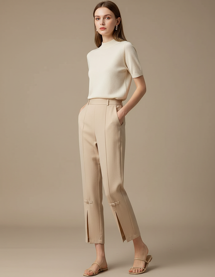 Pantalon Chinois Beige Coupe Droite Fendue Nœuds Femme - Gabardine