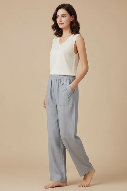 Pantalon Chinois Gris Décontracté Lin Fluide Femme
