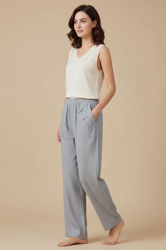 Pantalon Chinois Gris Décontracté Lin Fluide Femme