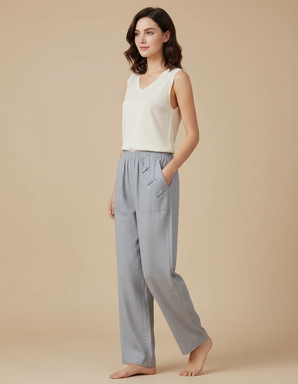 Pantalon Chinois Gris Décontracté Lin Fluide Femme
