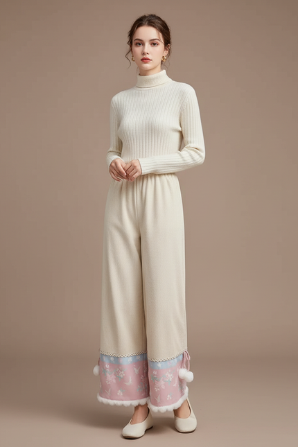 Pantalon Chinois Crème Brodé Pompons Hiver Femme - Beige Maille