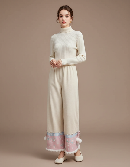 Pantalon Chinois Crème Brodé Pompons Hiver Femme - Beige Maille
