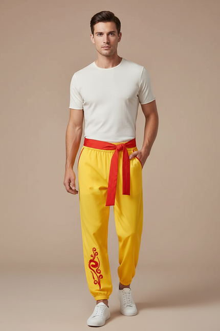 Pantalon Chinois Jaune Ample Brodé Rouge Ceinture - Polyester