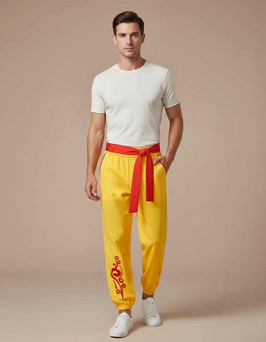 Pantalon Chinois Jaune Ample Brodé Rouge Ceinture - Polyester