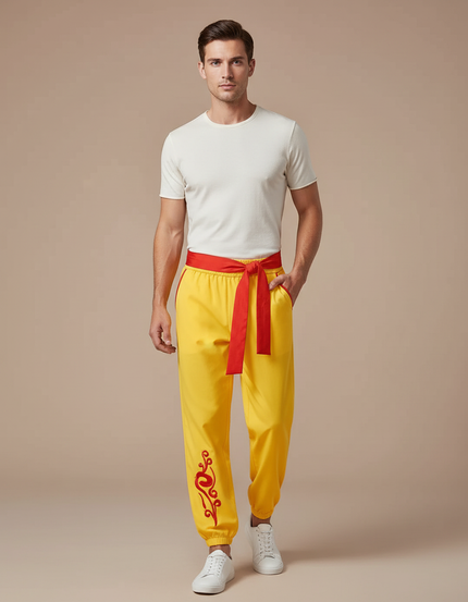 Pantalon Chinois Jaune Ample Brodé Rouge Ceinture - Polyester