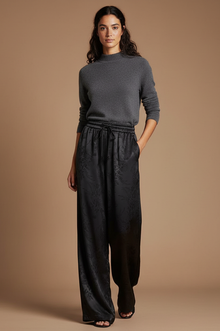 Pantalon Chinois Femme Noir Ample - Satin