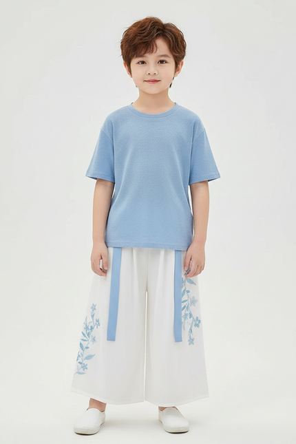 Pantalon Chinois Blanc Ample Brodé Floral Enfant - Viscose