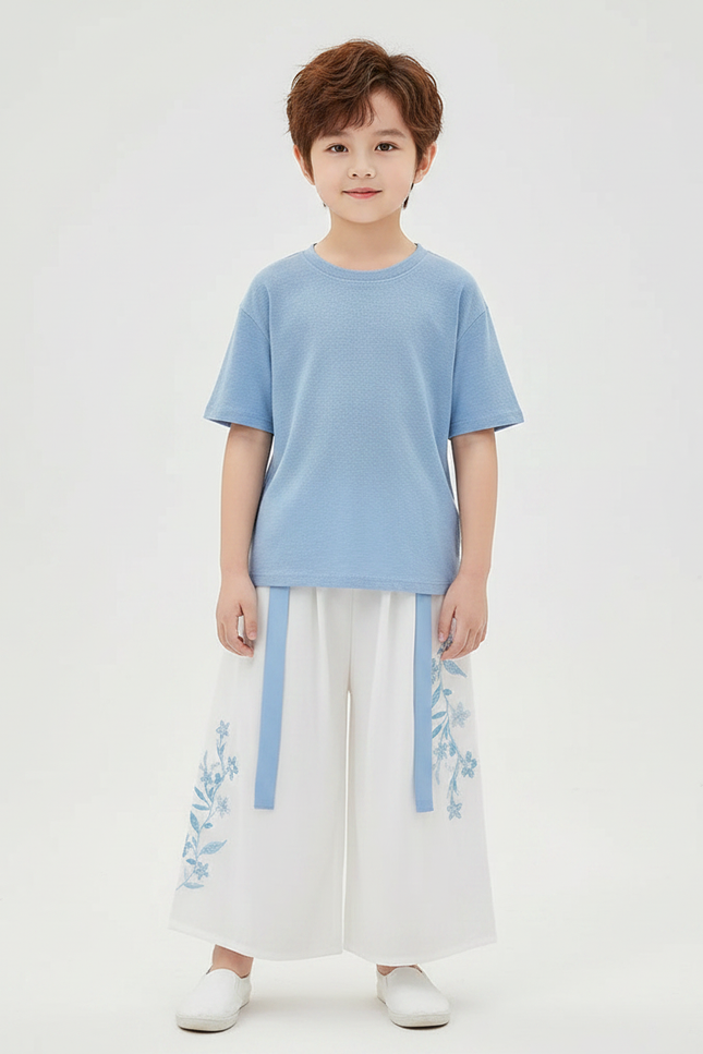 Pantalon Chinois Blanc Ample Brodé Floral Enfant - Viscose