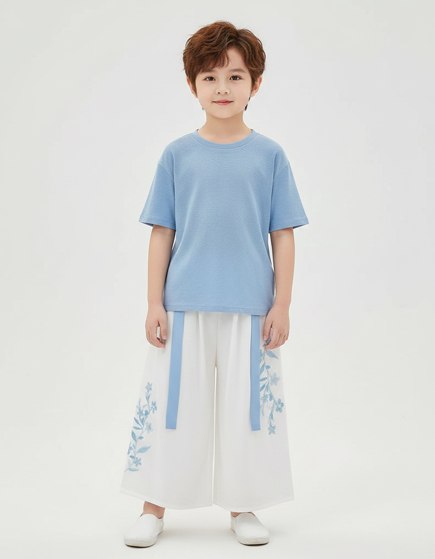 Pantalon Chinois Blanc Ample Brodé Floral Enfant - Viscose
