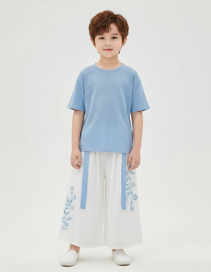 Pantalon Chinois Blanc Ample Brodé Floral Enfant - Viscose