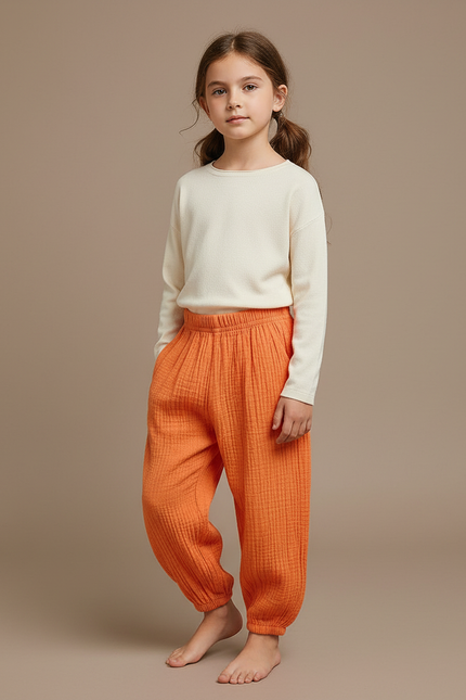Pantalon Chinois Orange Coton Ample Texturé Enfant