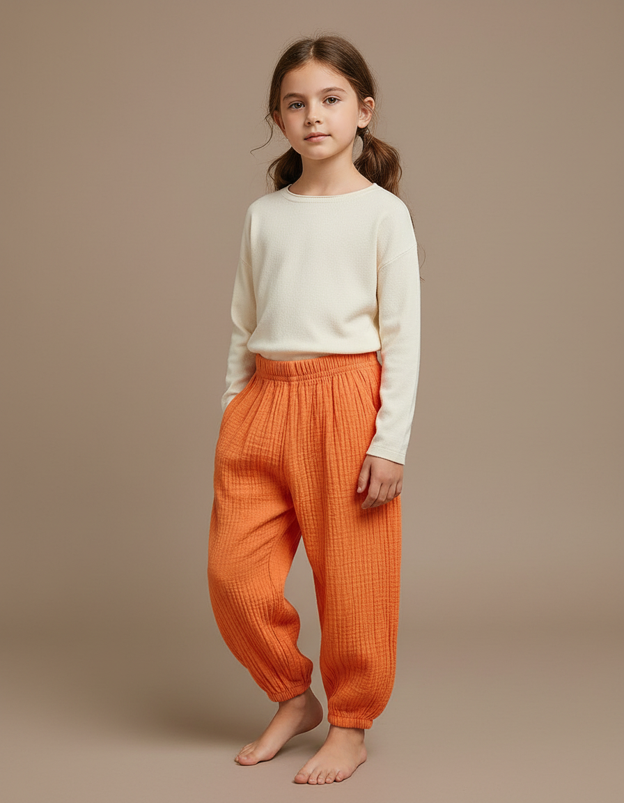 Pantalon Chinois Orange Coton Ample Texturé Enfant