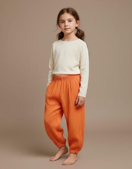 Pantalon Chinois Orange Coton Ample Texturé Enfant