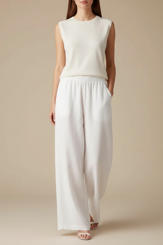 Pantalon Chinois Blanc Lin Ample Fluide Décontracté
