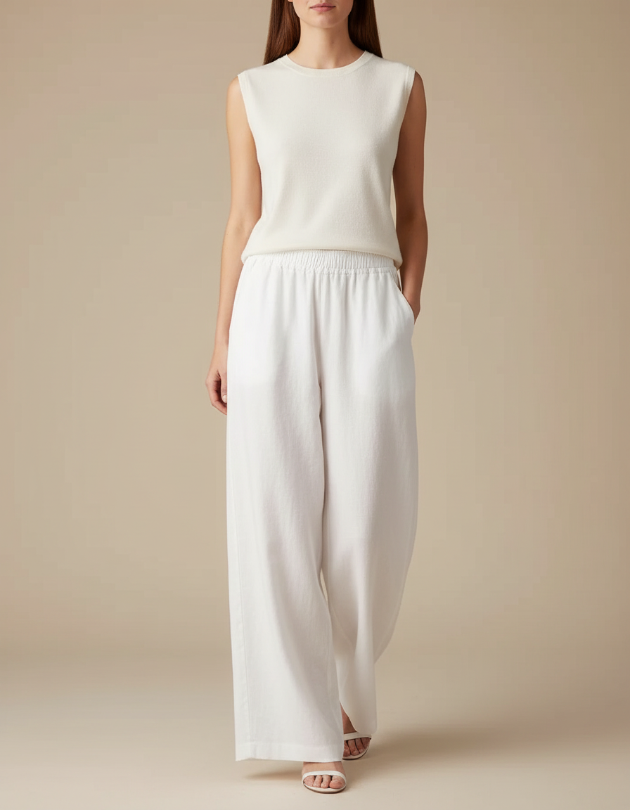 Pantalon Chinois Blanc Lin Ample Fluide Décontracté