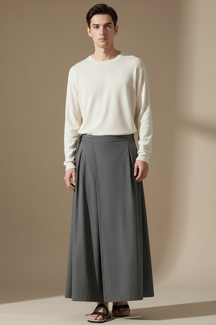 Pantalon Chinois Gris Ample Plissé Coton Homme