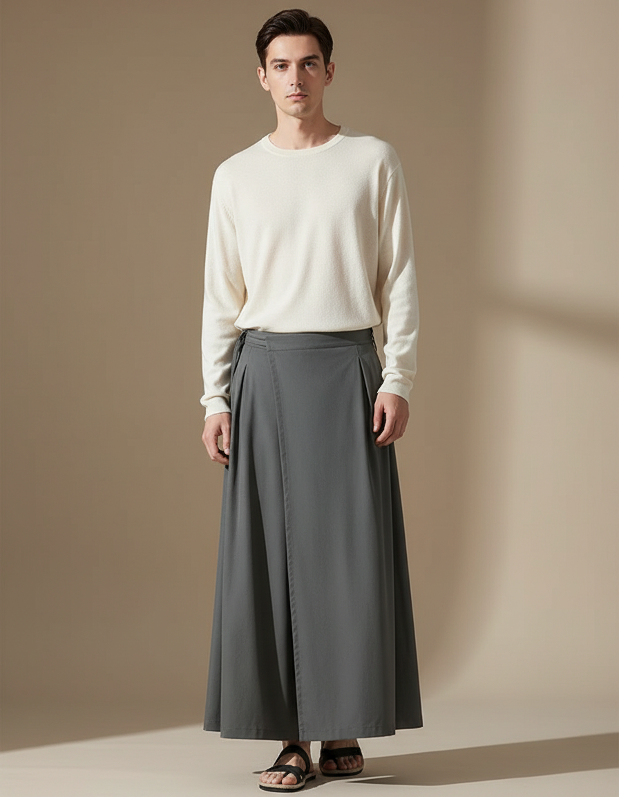 Pantalon Chinois Gris Ample Plissé Coton Homme