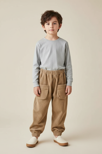 Pantalon Chinois Côtelé Ample Marron Poches Enfant - Camel Cordé