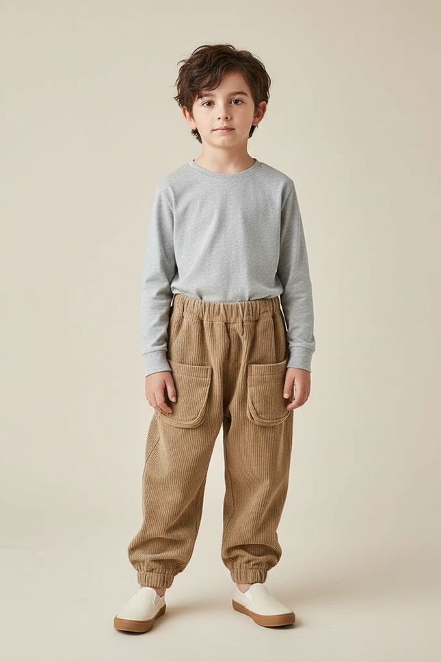Pantalon Chinois Côtelé Ample Marron Poches Enfant - Camel Cordé