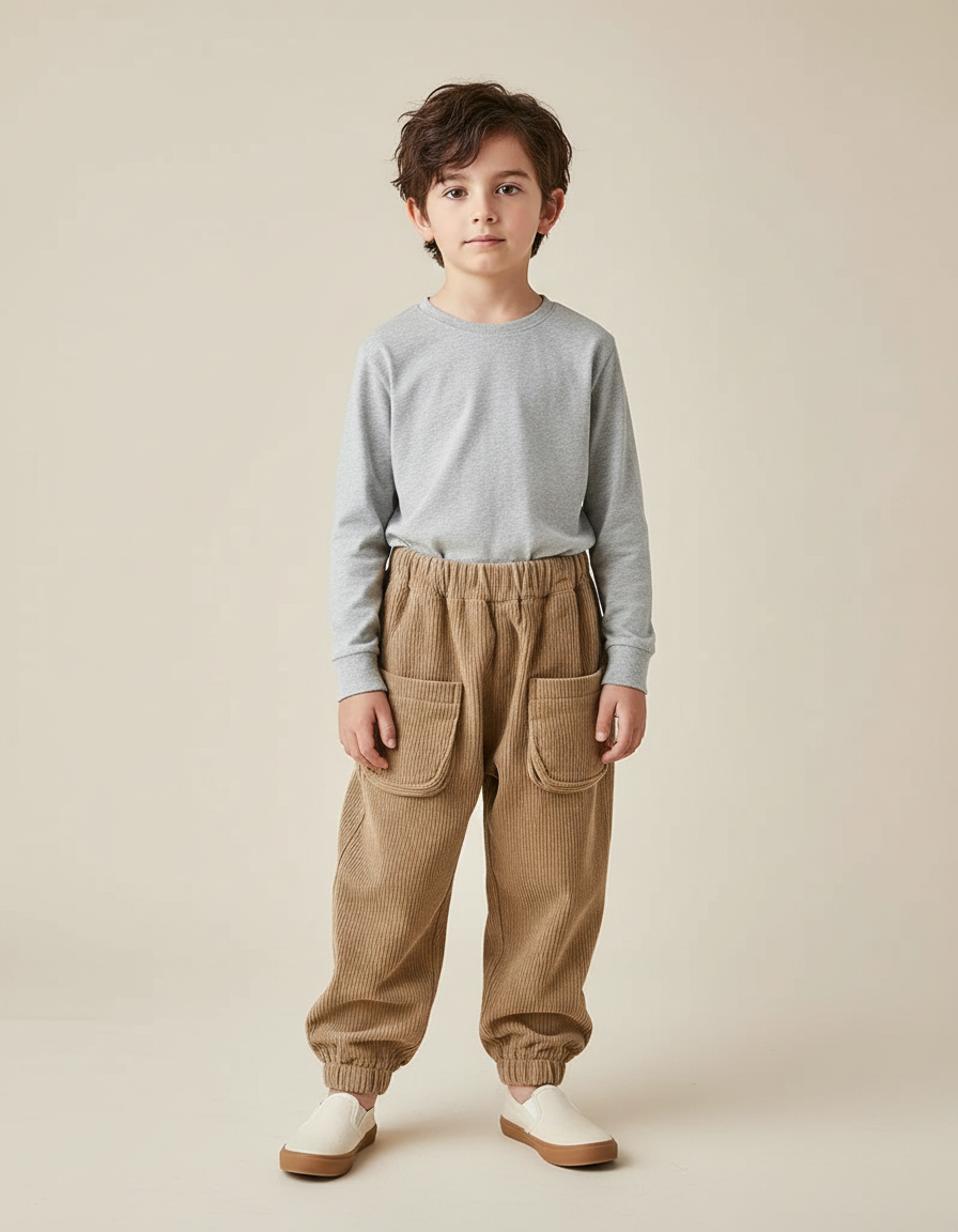 Pantalon Chinois Côtelé Ample Marron Poches Enfant - Camel Cordé