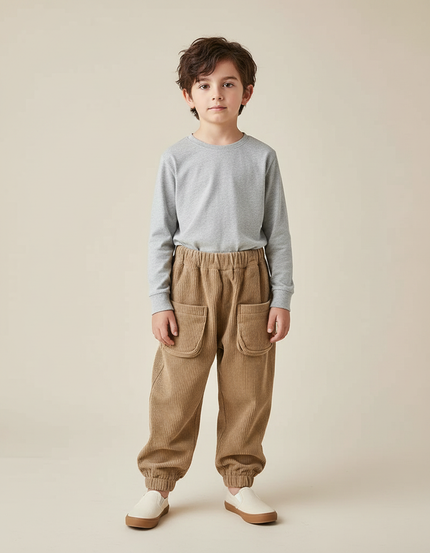 Pantalon Chinois Côtelé Ample Marron Poches Enfant - Camel Cordé