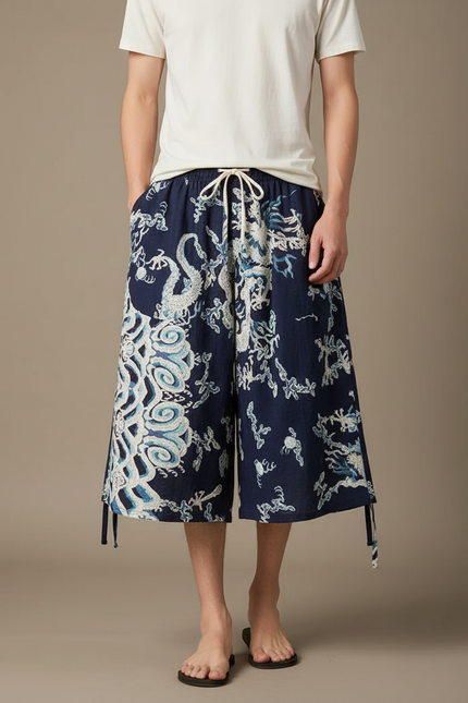 Pantalon Chinois Bleu Marine Ample Dragon Coton Homme - Lin