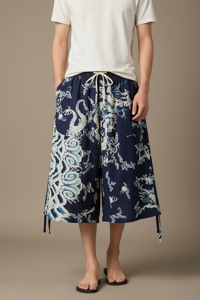 Pantalon Chinois Bleu Marine Ample Dragon Coton Homme - Lin
