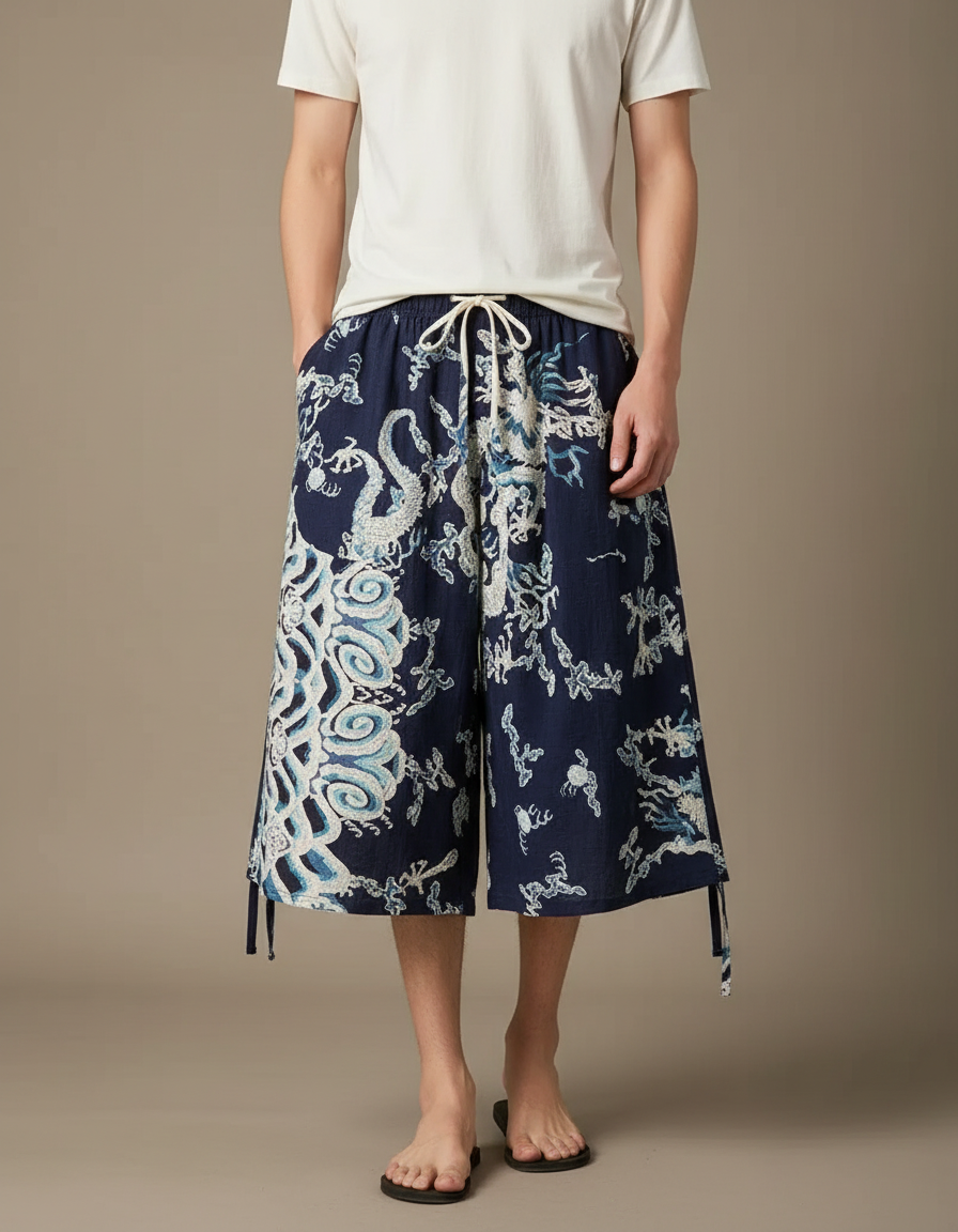 Pantalon Chinois Bleu Marine Ample Dragon Coton Homme - Lin