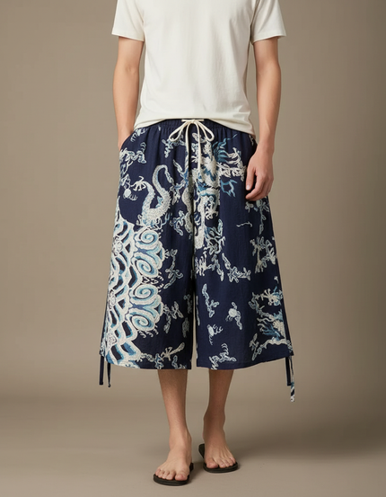 Pantalon Chinois Bleu Marine Ample Dragon Coton Homme - Lin