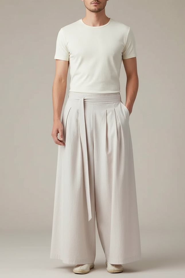 Pantalon Chinois Écru Ample Plissé Ceinture Décontracté - Beige Lin
