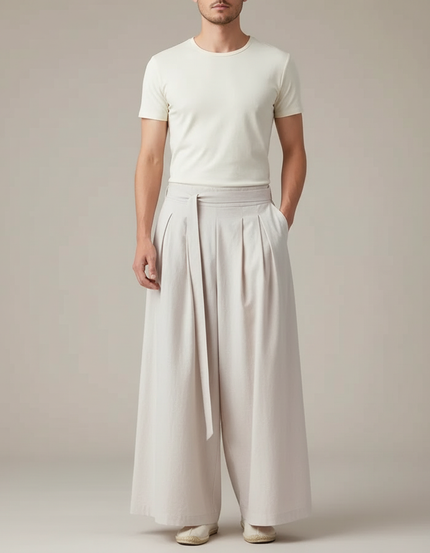Pantalon Chinois Écru Ample Plissé Ceinture Décontracté - Beige Lin