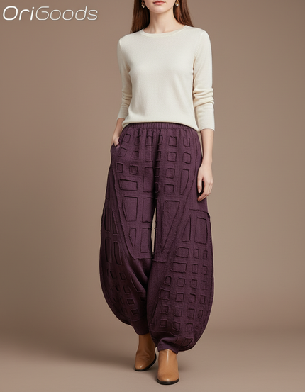 Pantalon Chinois Violet Lin Ample Texturé Géométrique Femme