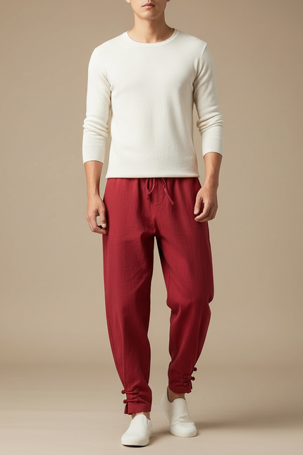 Pantalon Chinois Rouge Coton Lin Ample Décontracté