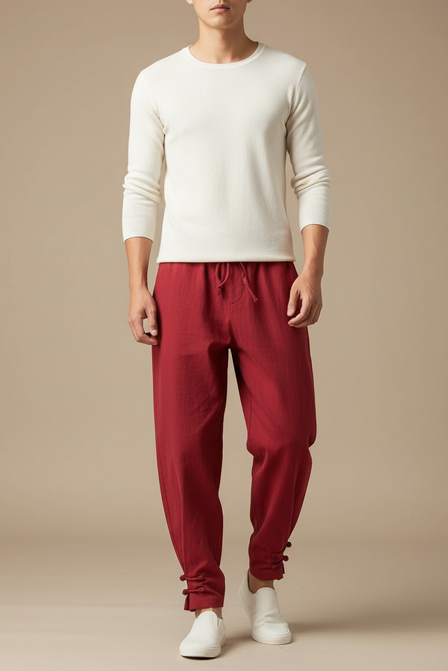 Pantalon Chinois Rouge Coton Lin Ample Décontracté
