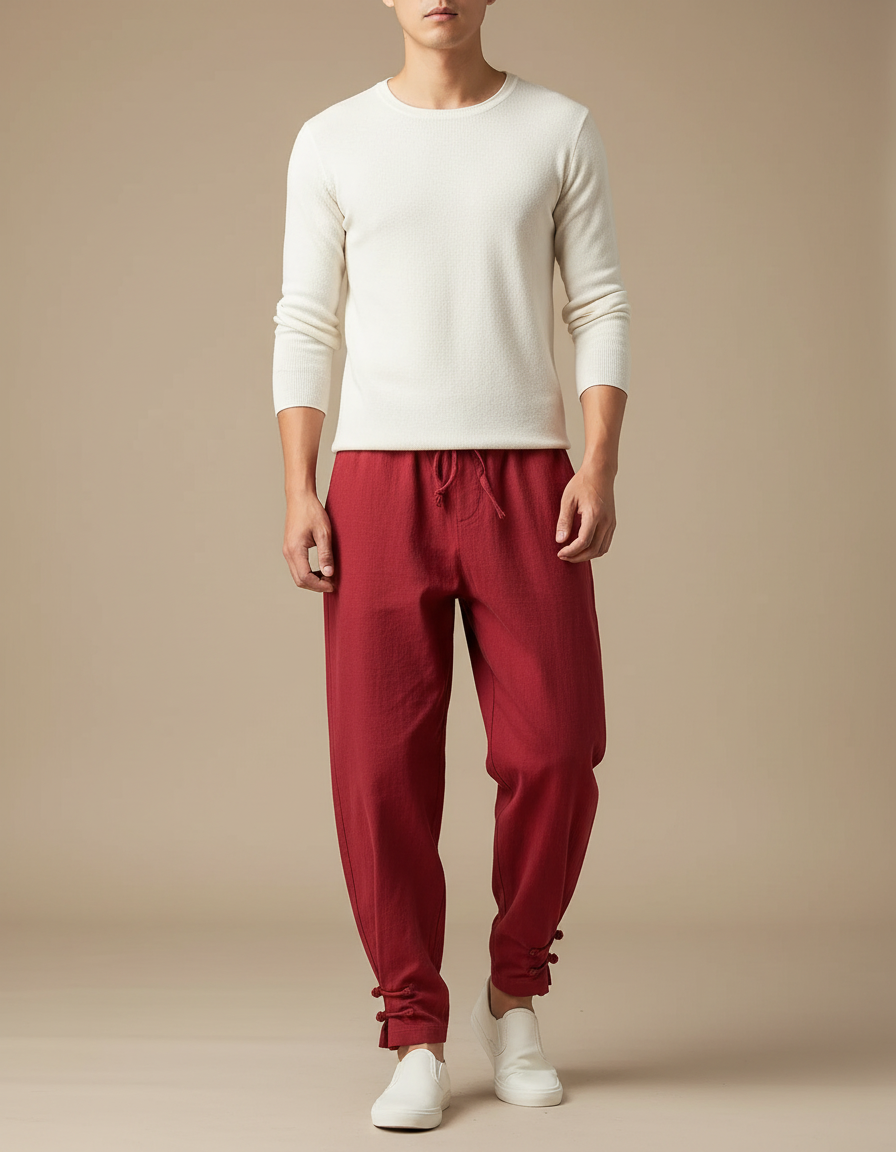 Pantalon Chinois Rouge Coton Lin Ample Décontracté